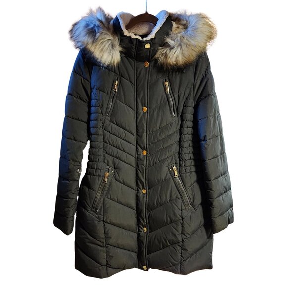 Laundry by Segal Green Quilted Puffer Coat w/ Detachable Faux Fur Hood  Sz L - Picture 1 of 8